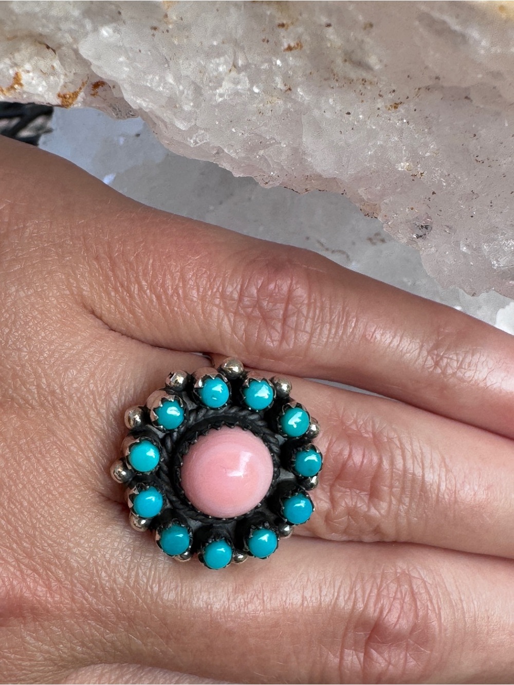 Pink Queen Conch Center with Turquoise Halo Statement Ring - Size 8.25